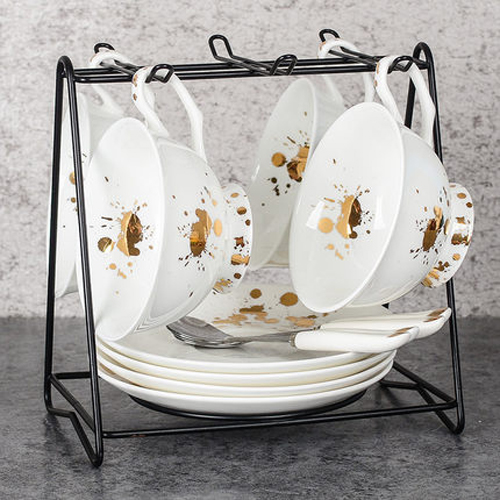 White bone china drinking set decoretive with gold pattern