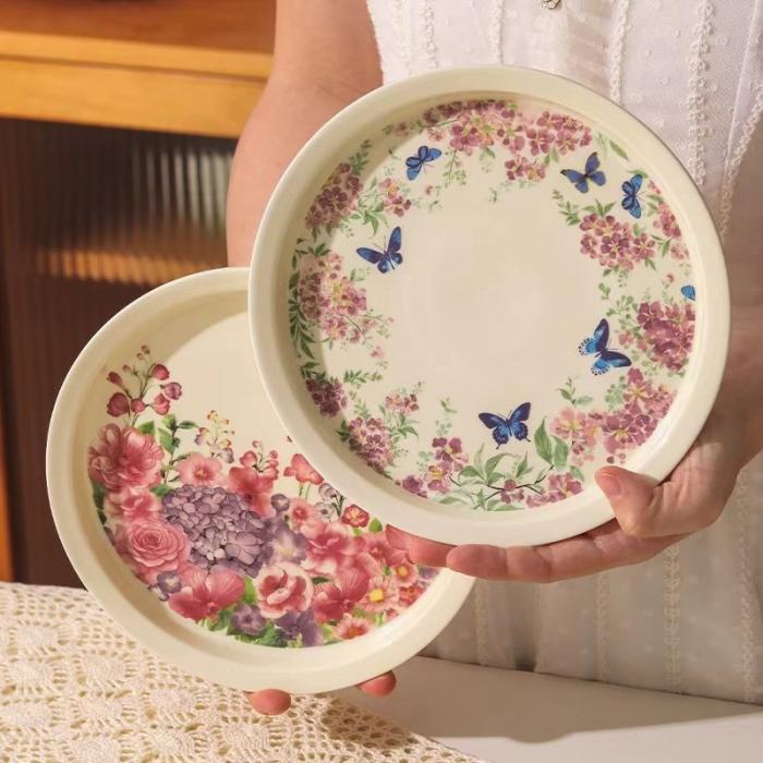 Vintage Ceramic Dish  with Silk Screen-printed Flowers