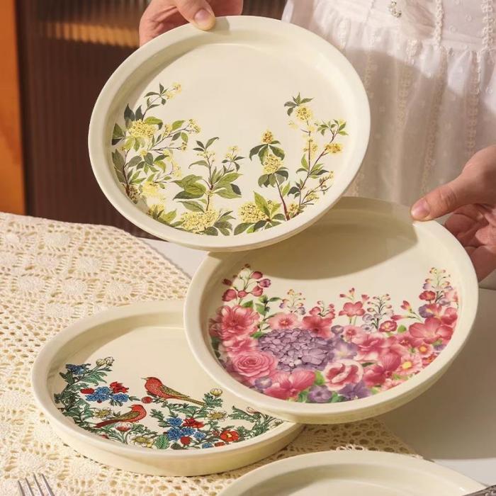 Vintage Ceramic Dish  with Silk Screen-printed Flowers