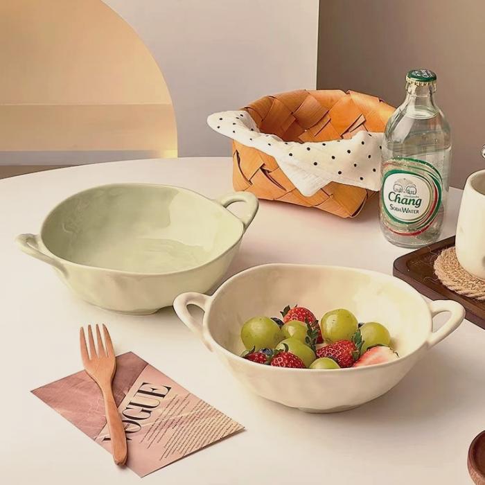 Creamy Colored Ceramic Double-Handled Mixing Bowl
