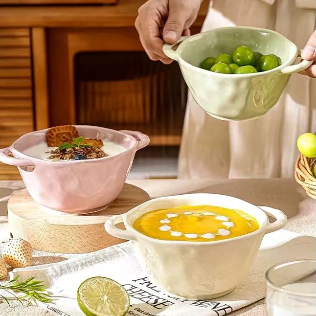 Creamy Colored Ceramic Double-Handled Salad Bowl