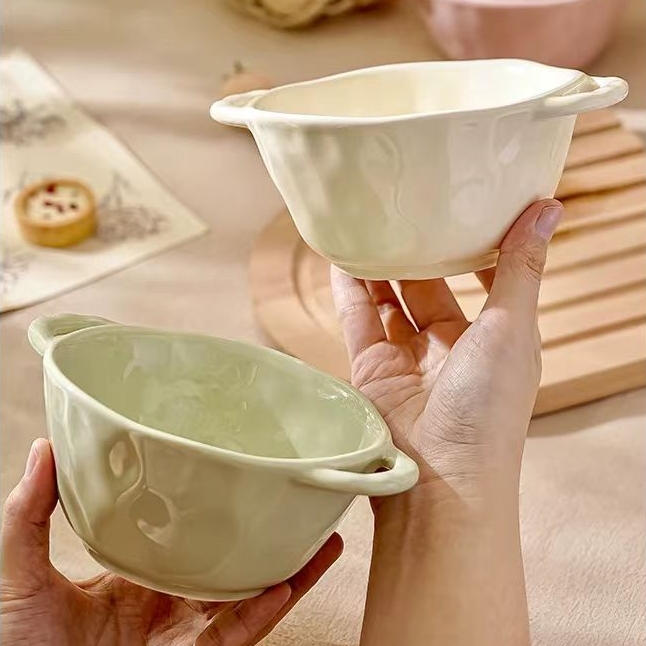 Creamy Colored Ceramic Double-Handled Salad Bowl